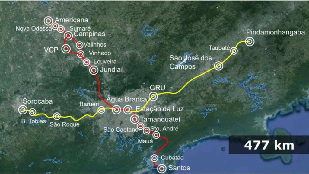 mapa do traçado do Trem Intercidades