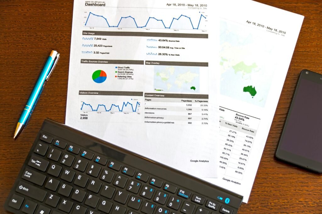 Como aplicar marketing industrial no setor de transportes 5 Dashboard de análise web impresso em papel mostrando gráficos e métricas do Google Analytics de abril a maio de 2010. O relatório inclui gráficos de linha de tráfego, gráfico de pizza de fontes de tráfego, mapa com dados geográficos e tabelas com estatísticas de páginas visitadas. Ao lado do papel há um teclado preto compacto, uma caneta azul e um smartphone.